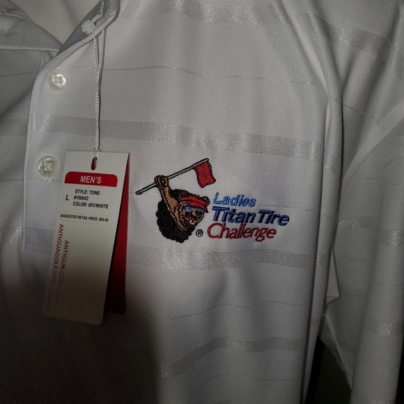 NWT Antigua large men's white golf polo. Ladies Titans Tire Challenge. - Picture 2 of 10